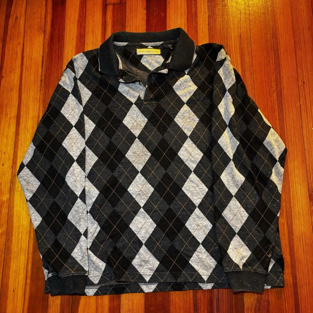 Vintage 90's Long Sleeve Knit Polo Diamond Grid Pattern Grandpacore Argyle L